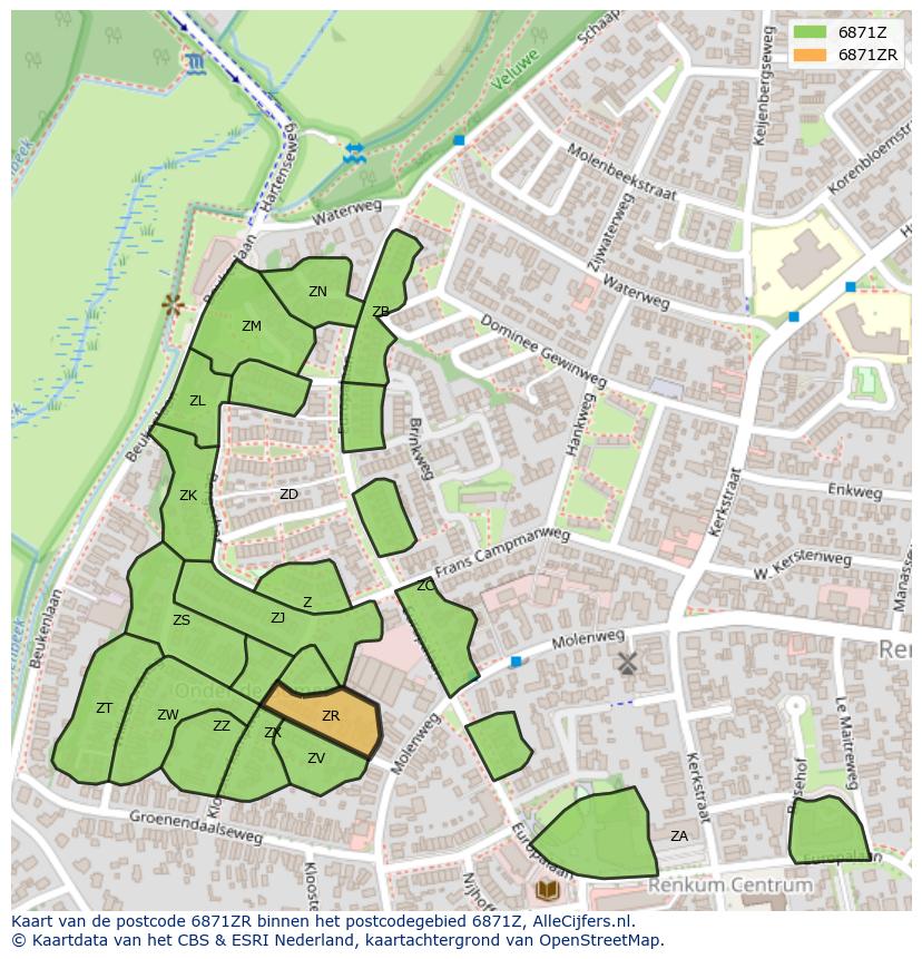 Afbeelding van het postcodegebied 6871 ZR op de kaart.