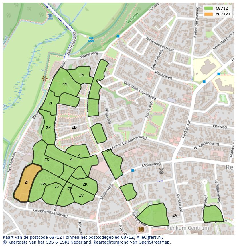 Afbeelding van het postcodegebied 6871 ZT op de kaart.