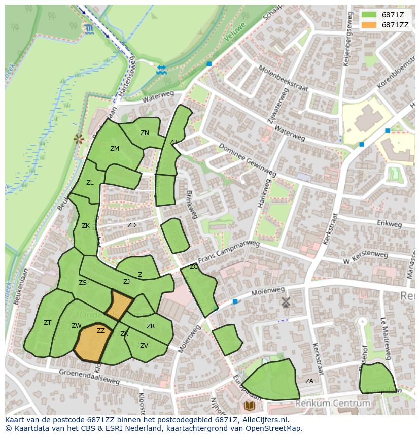 Afbeelding van het postcodegebied 6871 ZZ op de kaart.