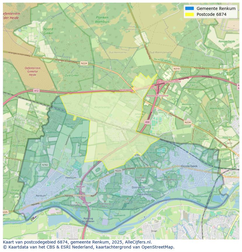 Afbeelding van het postcodegebied 6874 op de kaart.