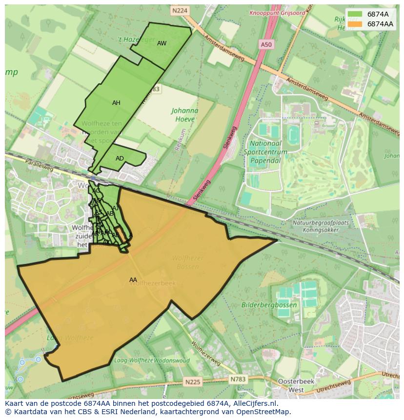 Afbeelding van het postcodegebied 6874 AA op de kaart.