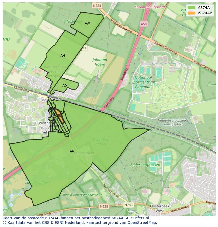 Afbeelding van het postcodegebied 6874 AB op de kaart.