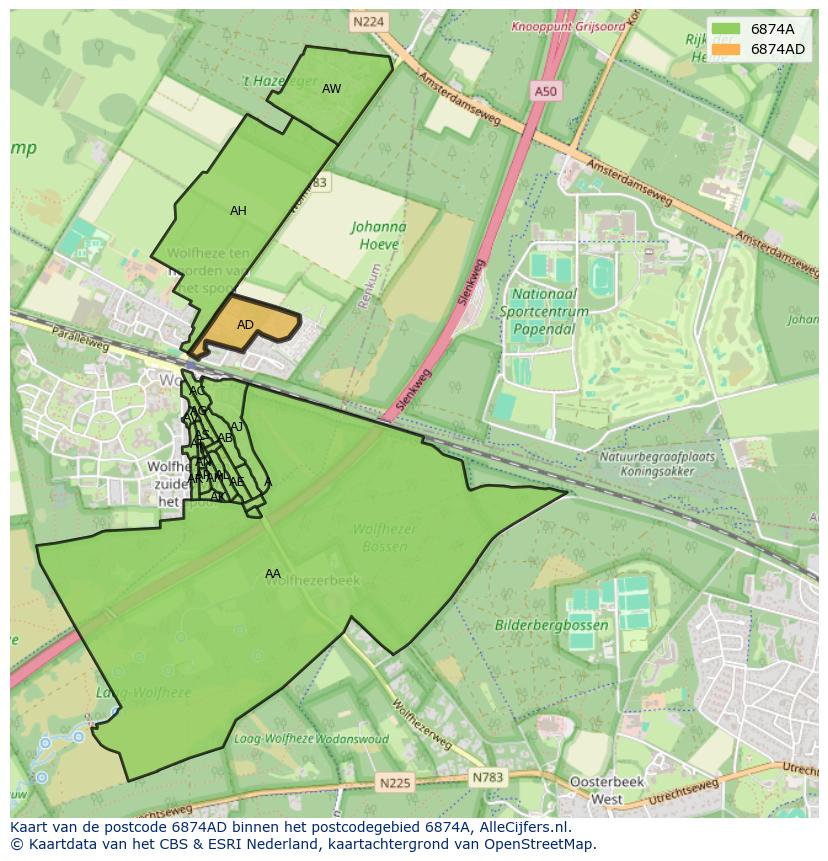 Afbeelding van het postcodegebied 6874 AD op de kaart.