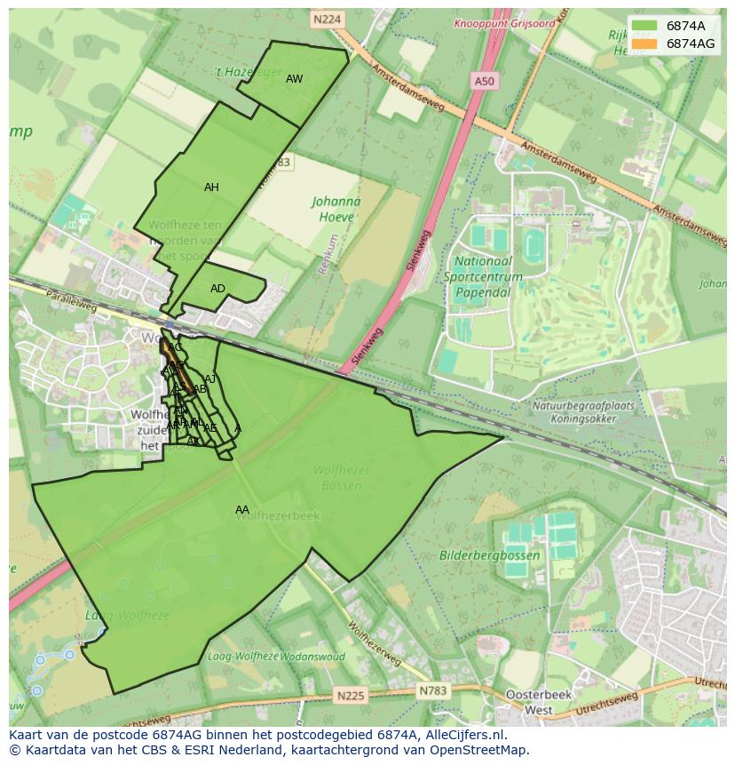 Afbeelding van het postcodegebied 6874 AG op de kaart.