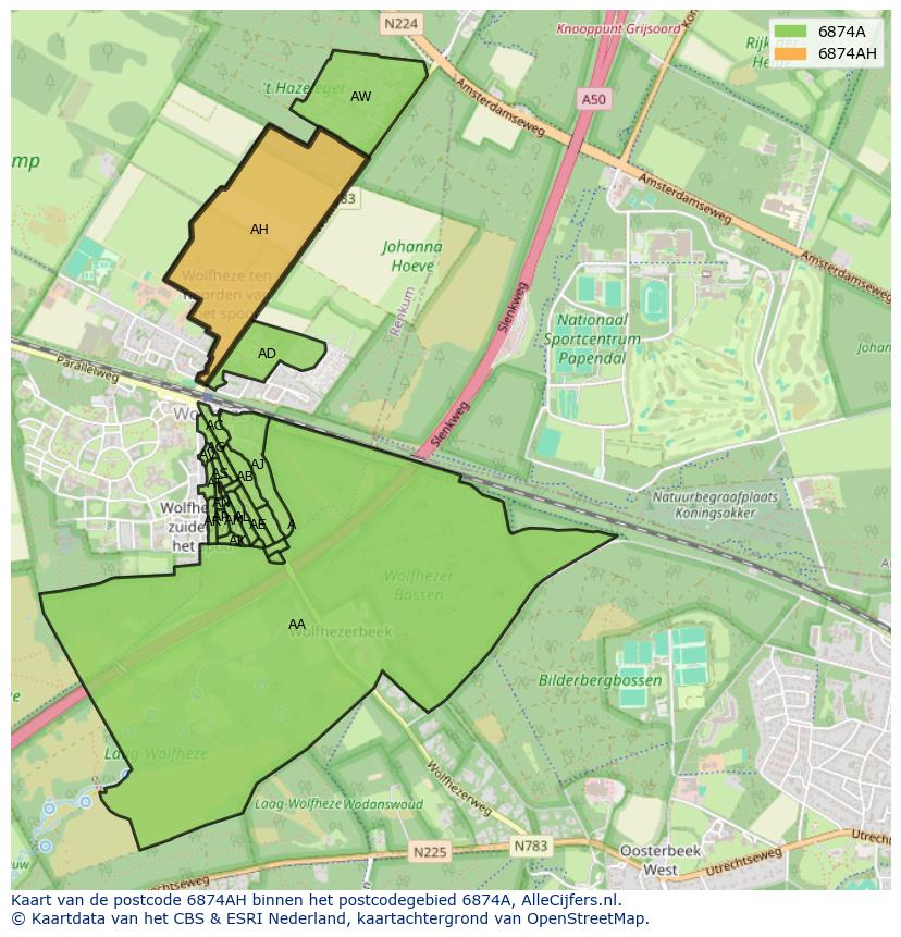 Afbeelding van het postcodegebied 6874 AH op de kaart.