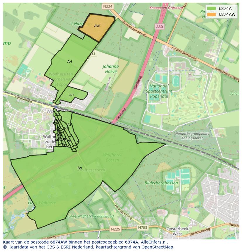 Afbeelding van het postcodegebied 6874 AW op de kaart.