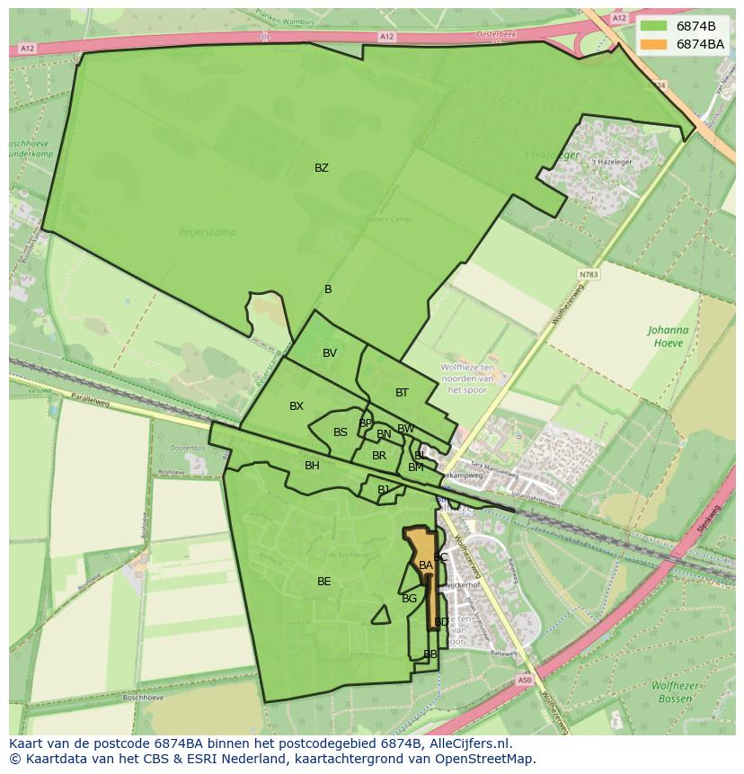 Afbeelding van het postcodegebied 6874 BA op de kaart.