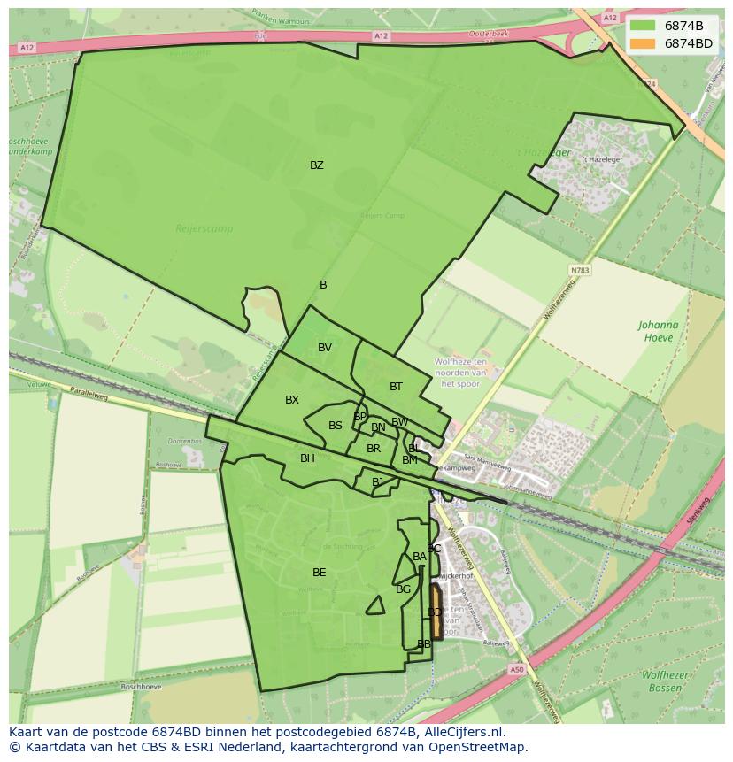 Afbeelding van het postcodegebied 6874 BD op de kaart.