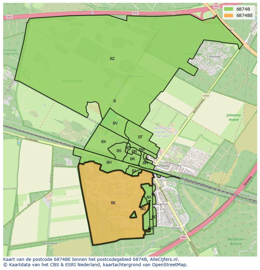Afbeelding van het postcodegebied 6874 BE op de kaart.