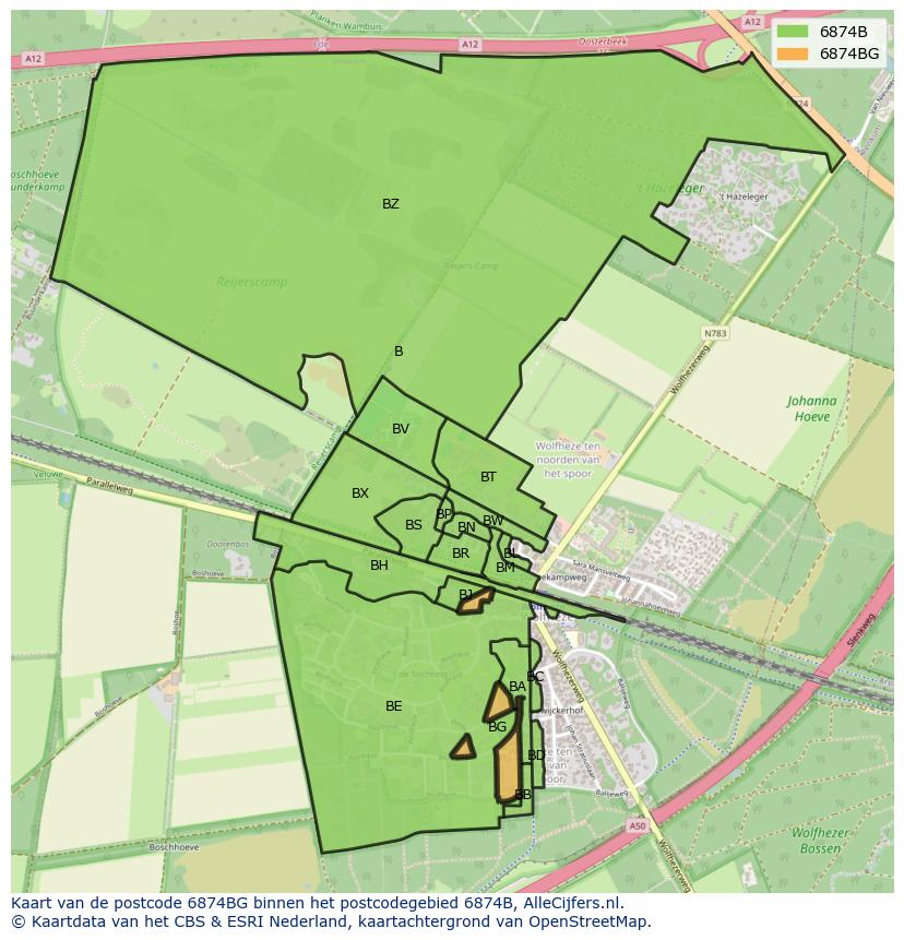 Afbeelding van het postcodegebied 6874 BG op de kaart.