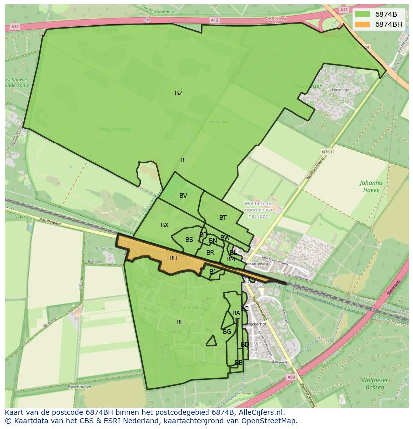 Afbeelding van het postcodegebied 6874 BH op de kaart.
