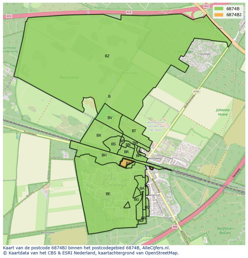 Afbeelding van het postcodegebied 6874 BJ op de kaart.