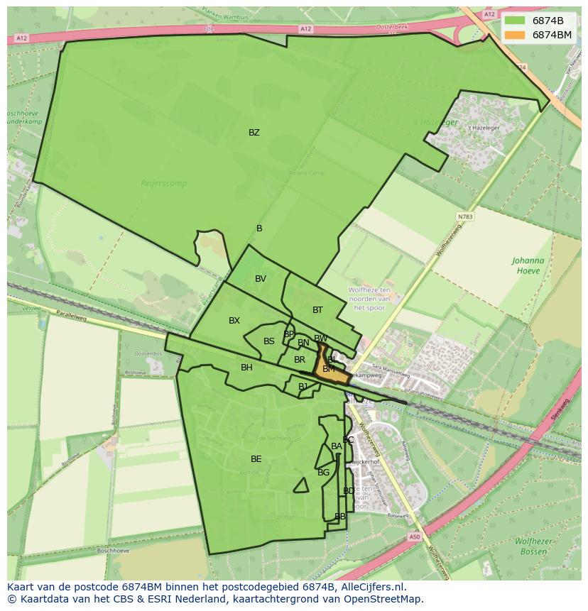 Afbeelding van het postcodegebied 6874 BM op de kaart.