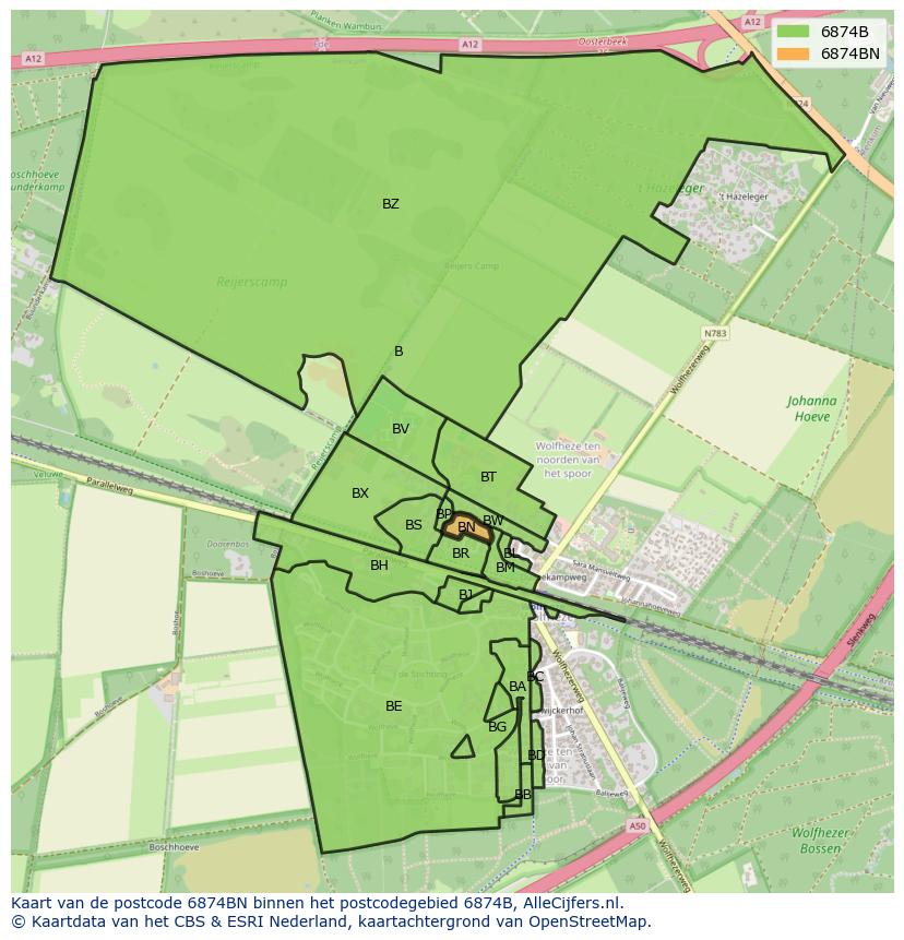 Afbeelding van het postcodegebied 6874 BN op de kaart.