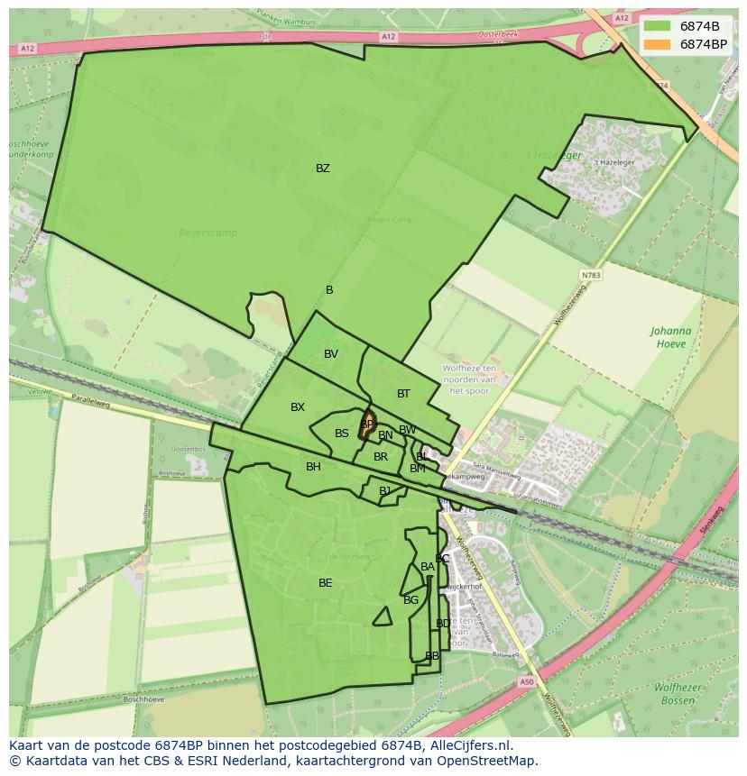 Afbeelding van het postcodegebied 6874 BP op de kaart.