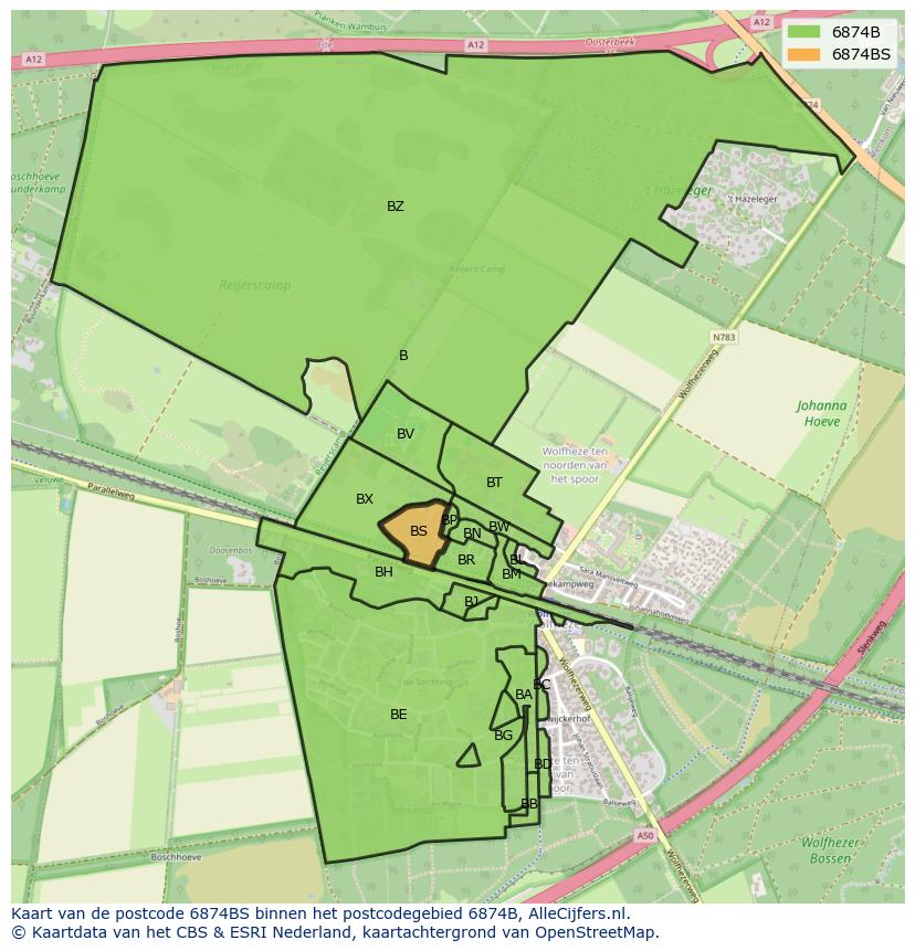 Afbeelding van het postcodegebied 6874 BS op de kaart.