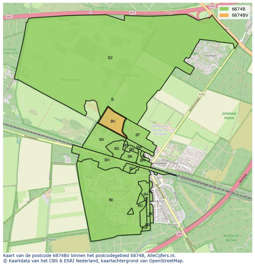 Afbeelding van het postcodegebied 6874 BV op de kaart.