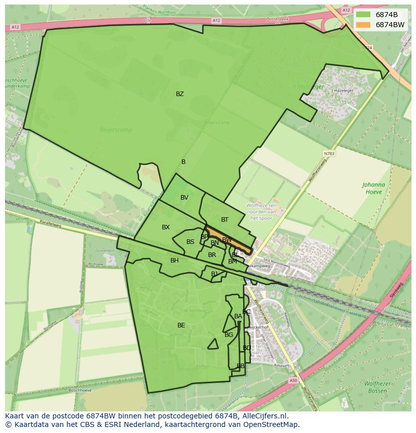 Afbeelding van het postcodegebied 6874 BW op de kaart.