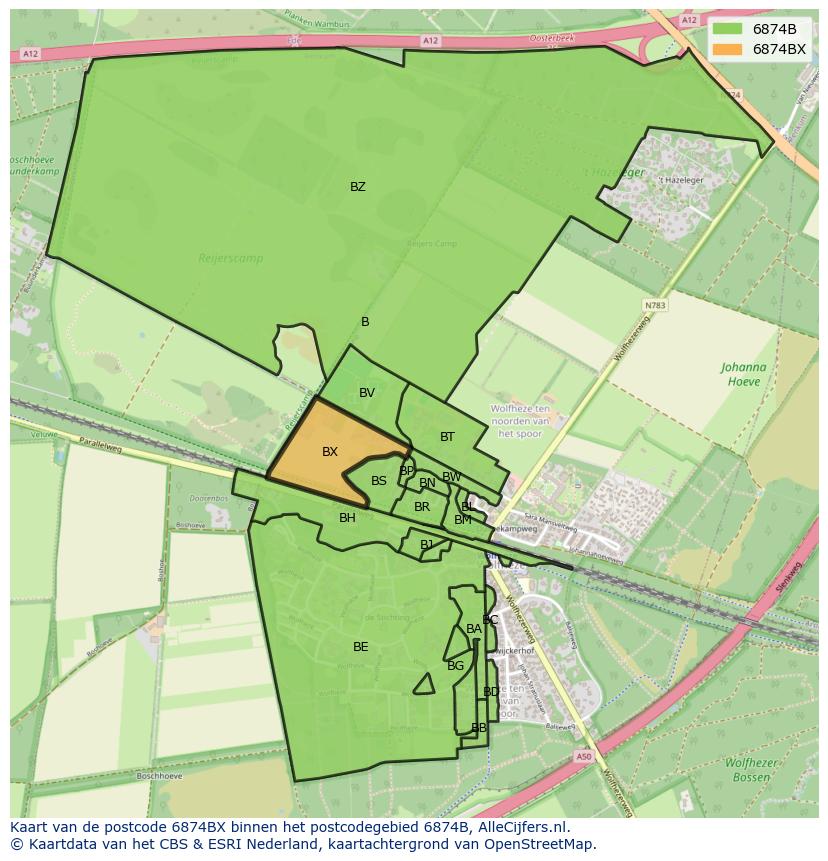 Afbeelding van het postcodegebied 6874 BX op de kaart.
