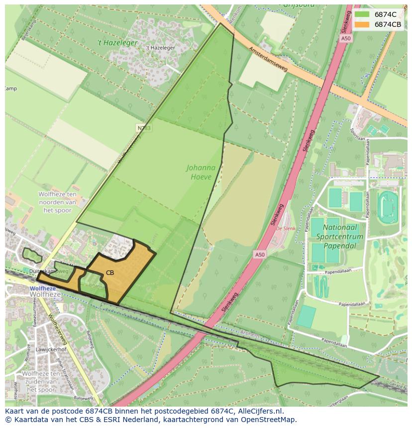 Afbeelding van het postcodegebied 6874 CB op de kaart.