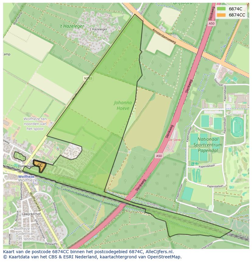 Afbeelding van het postcodegebied 6874 CC op de kaart.