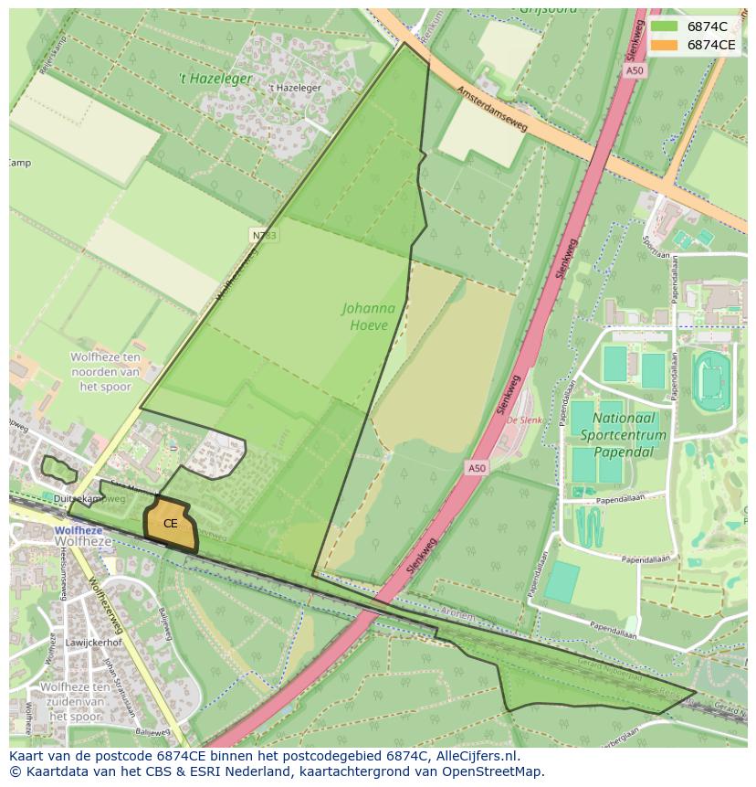Afbeelding van het postcodegebied 6874 CE op de kaart.