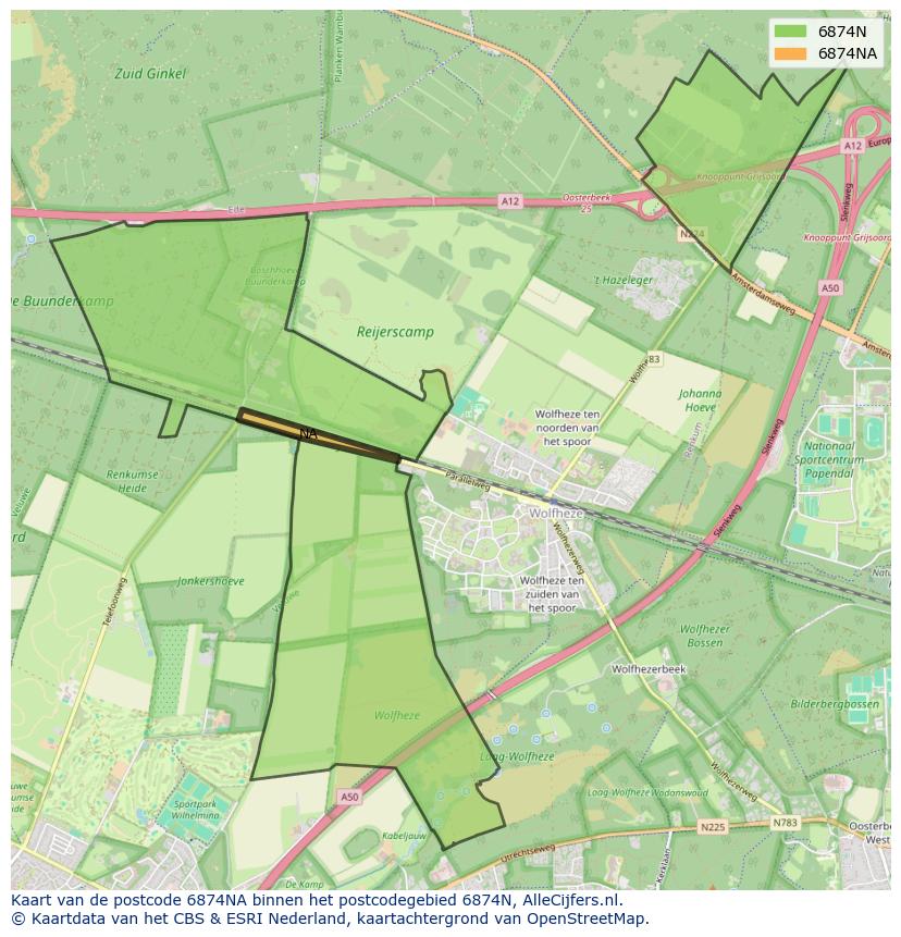 Afbeelding van het postcodegebied 6874 NA op de kaart.