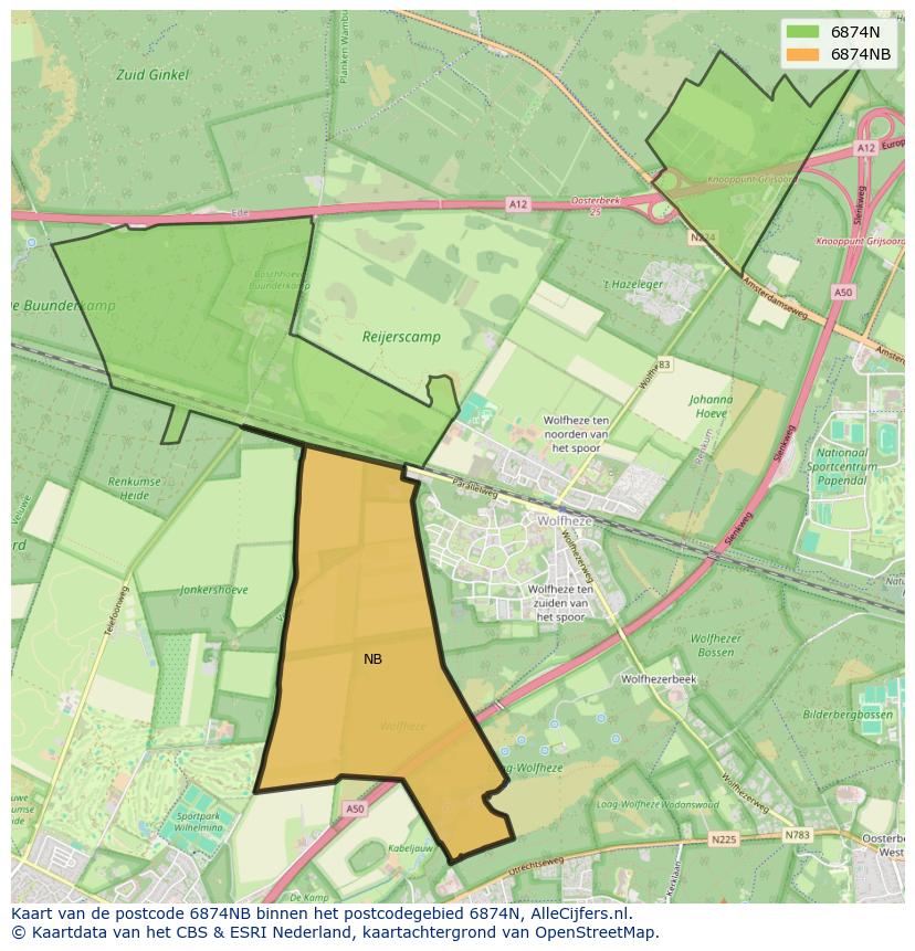 Afbeelding van het postcodegebied 6874 NB op de kaart.