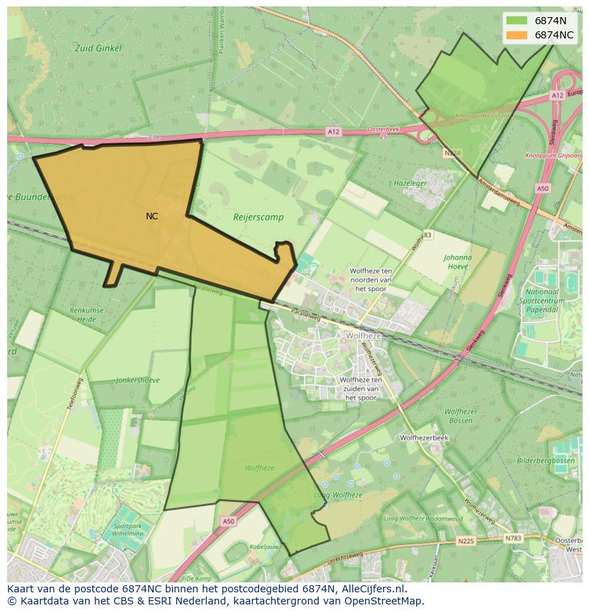 Afbeelding van het postcodegebied 6874 NC op de kaart.