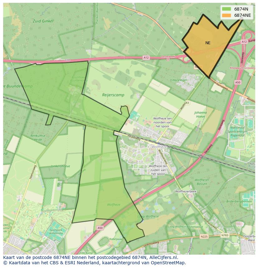 Afbeelding van het postcodegebied 6874 NE op de kaart.