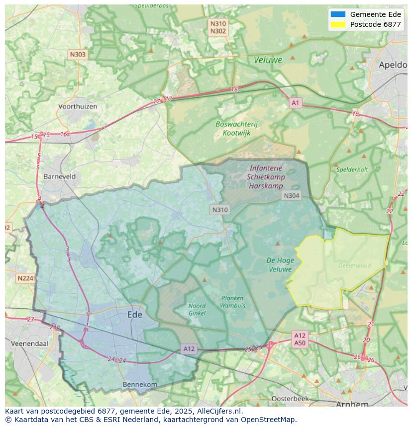 Afbeelding van het postcodegebied 6877 op de kaart.