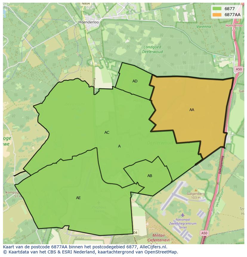 Afbeelding van het postcodegebied 6877 AA op de kaart.