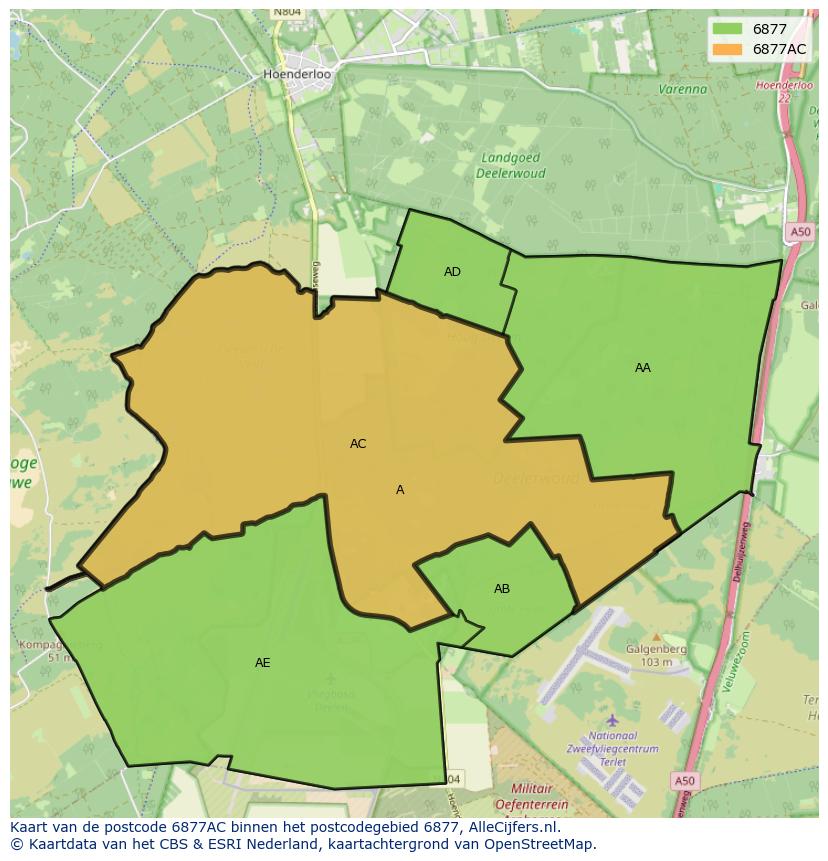 Afbeelding van het postcodegebied 6877 AC op de kaart.