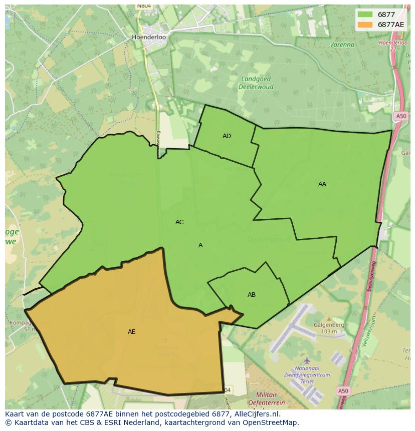 Afbeelding van het postcodegebied 6877 AE op de kaart.