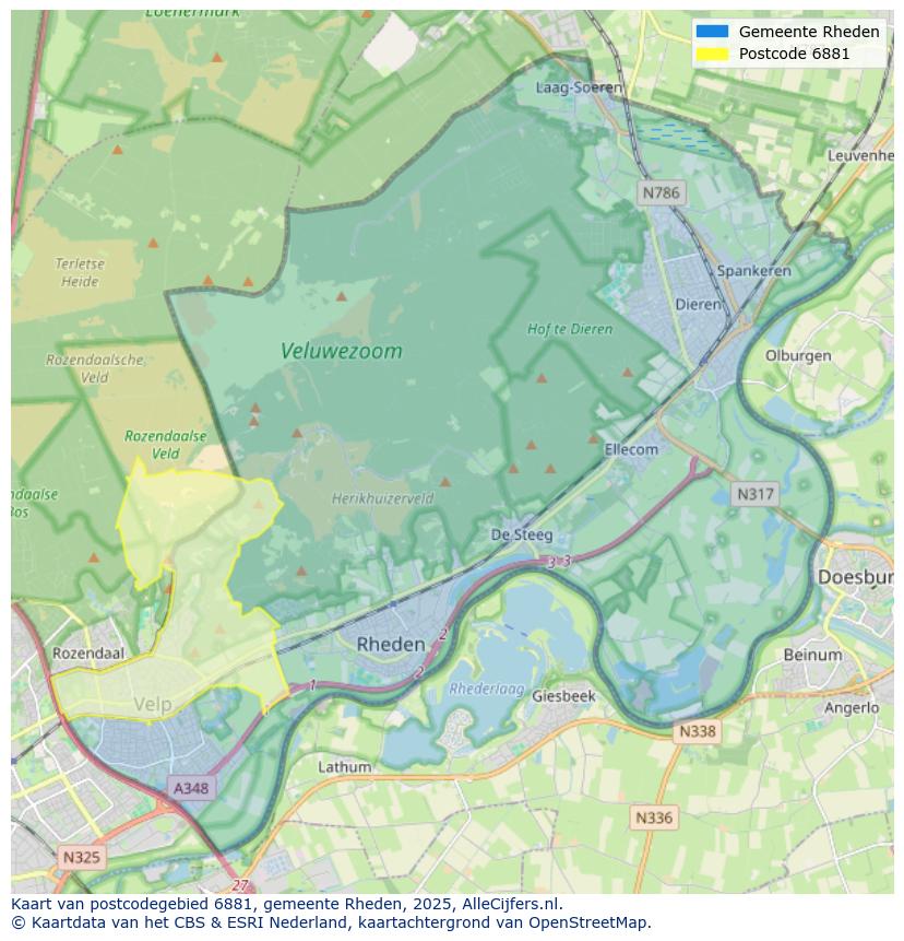 Afbeelding van het postcodegebied 6881 op de kaart.