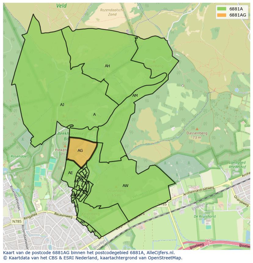 Afbeelding van het postcodegebied 6881 AG op de kaart.