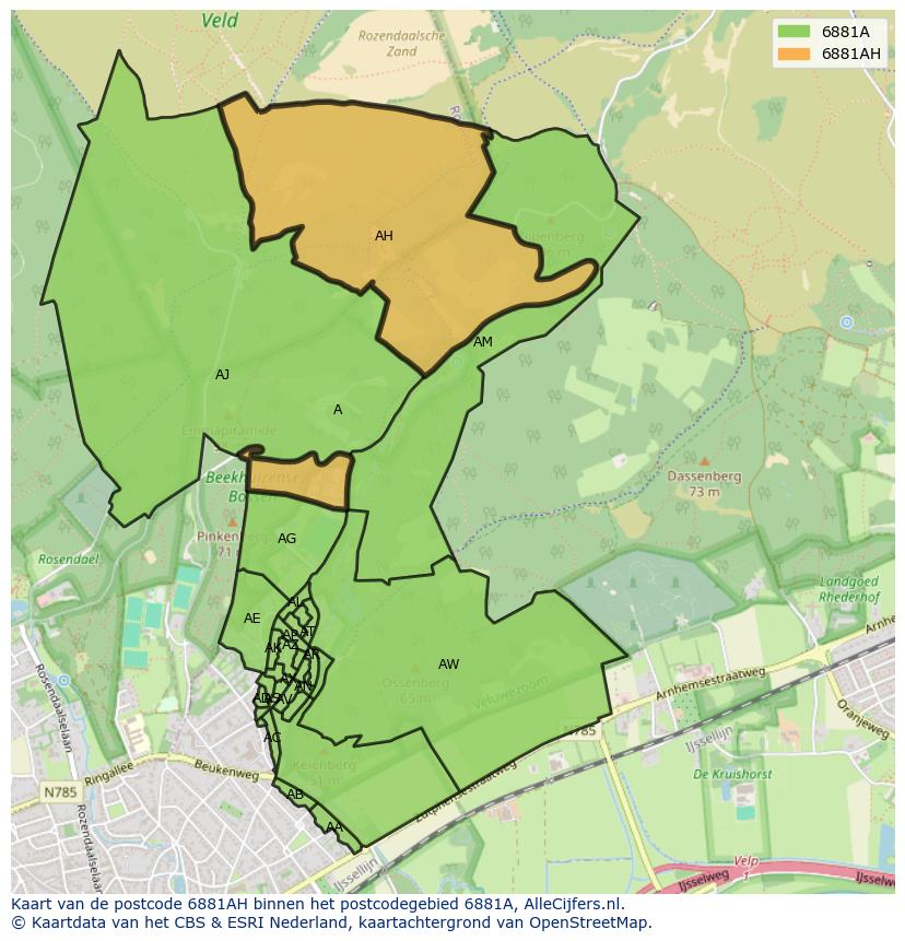 Afbeelding van het postcodegebied 6881 AH op de kaart.