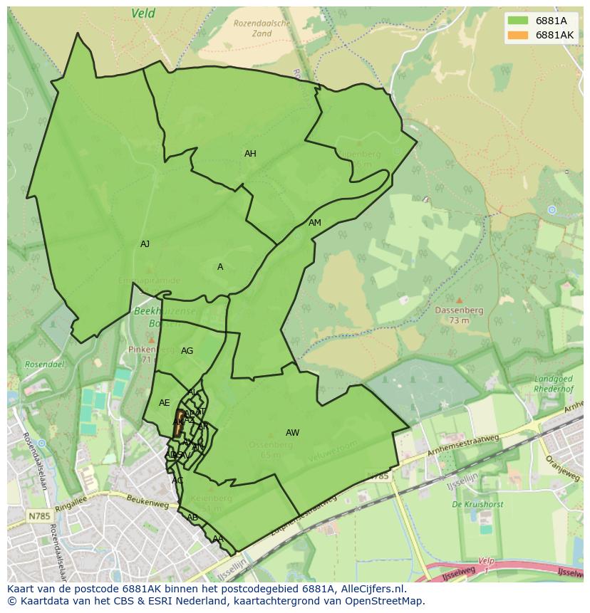 Afbeelding van het postcodegebied 6881 AK op de kaart.