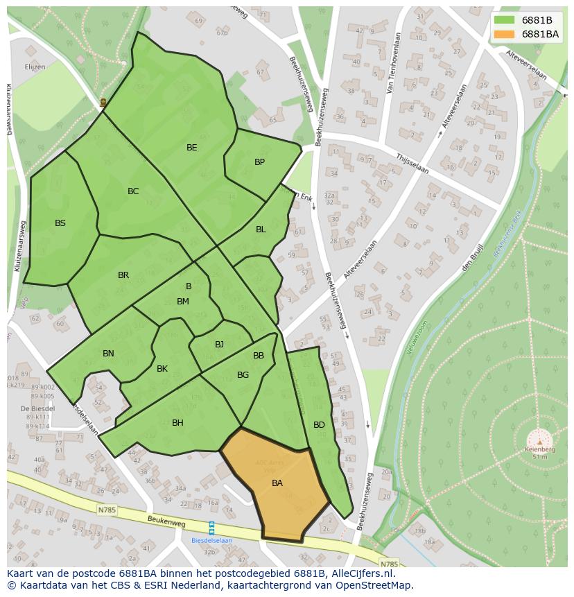 Afbeelding van het postcodegebied 6881 BA op de kaart.