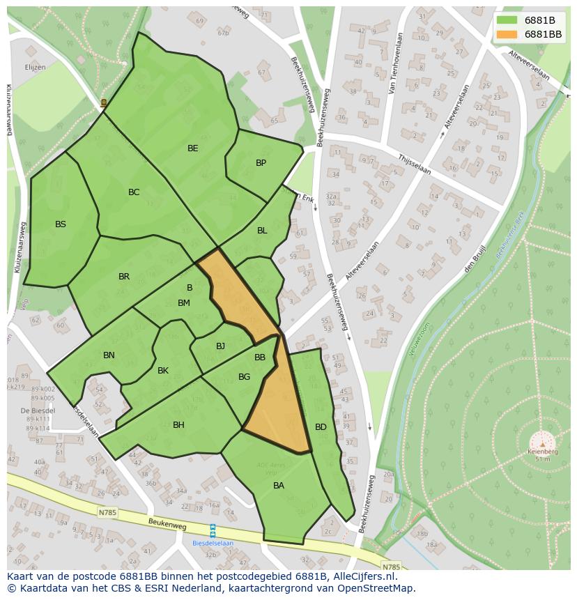 Afbeelding van het postcodegebied 6881 BB op de kaart.