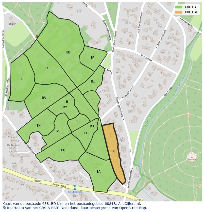 Afbeelding van het postcodegebied 6881 BD op de kaart.