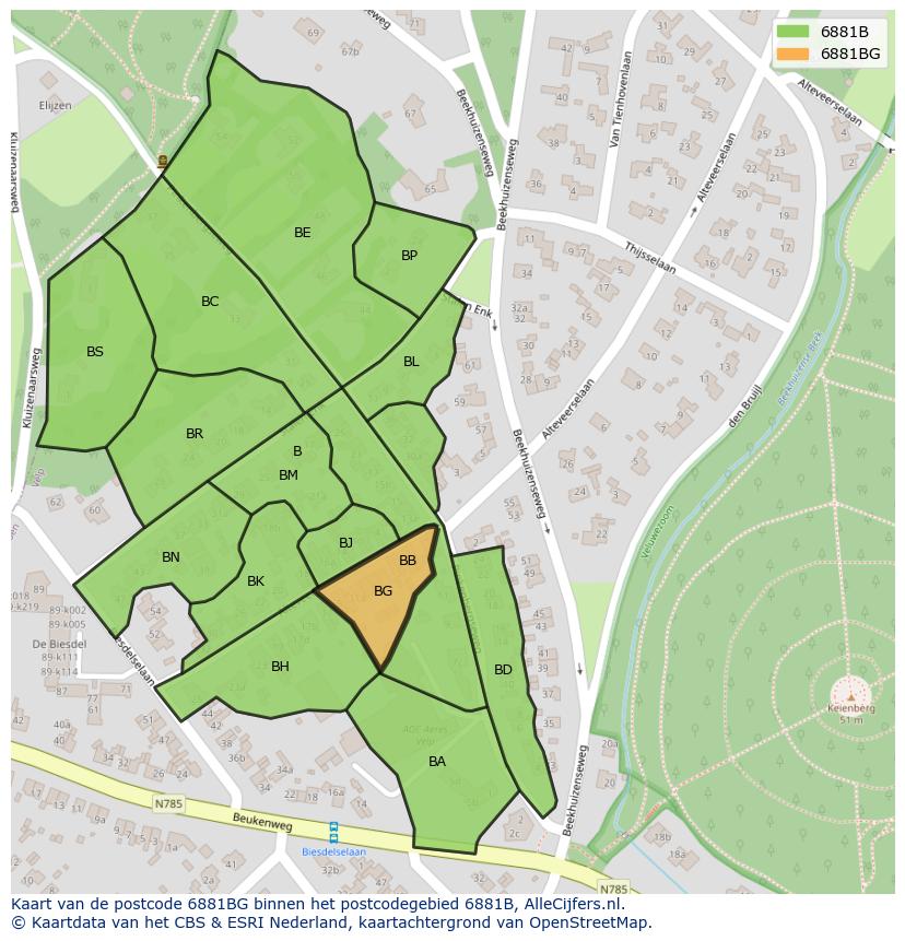 Afbeelding van het postcodegebied 6881 BG op de kaart.
