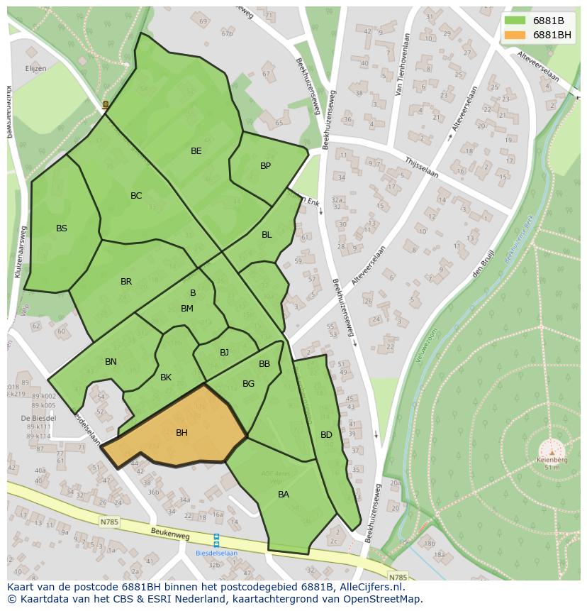 Afbeelding van het postcodegebied 6881 BH op de kaart.