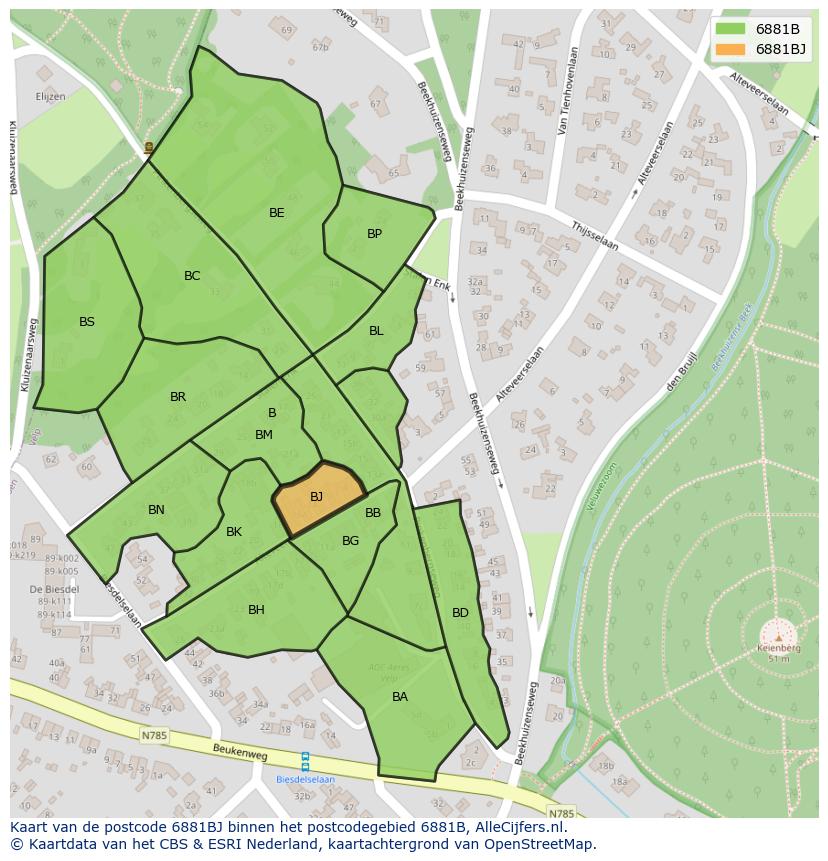 Afbeelding van het postcodegebied 6881 BJ op de kaart.