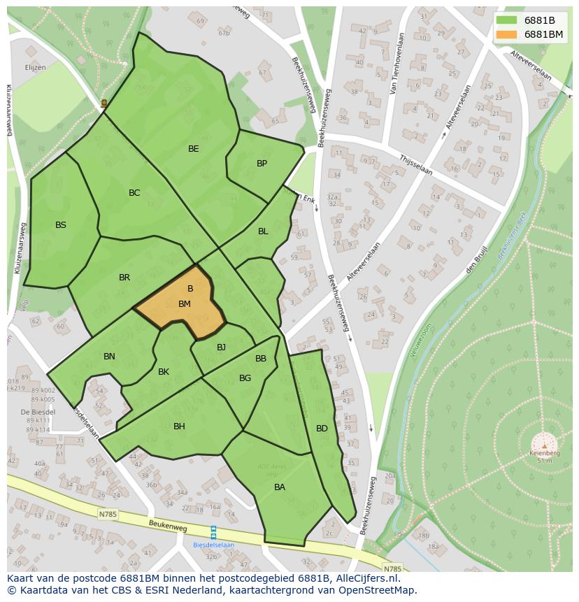 Afbeelding van het postcodegebied 6881 BM op de kaart.