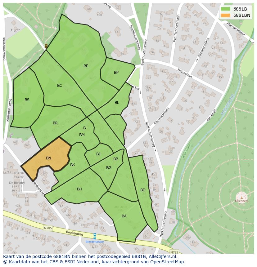 Afbeelding van het postcodegebied 6881 BN op de kaart.
