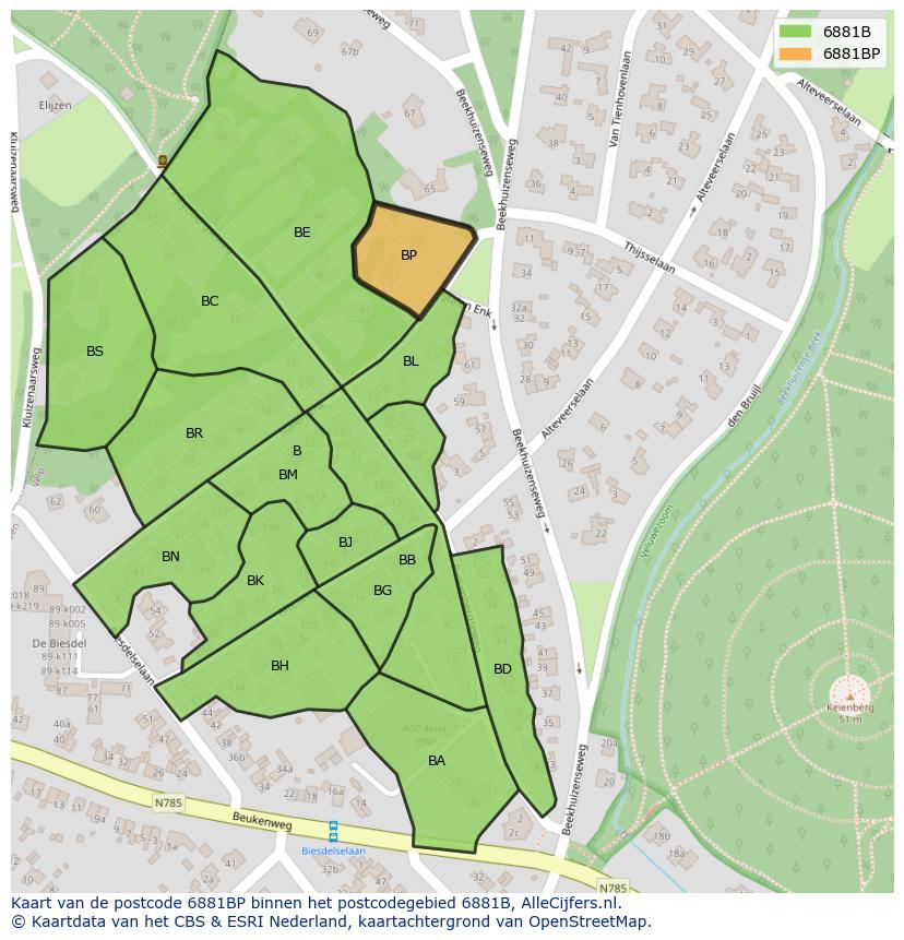 Afbeelding van het postcodegebied 6881 BP op de kaart.