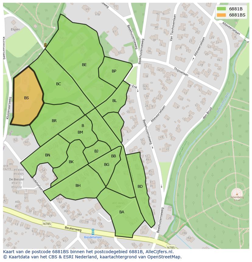 Afbeelding van het postcodegebied 6881 BS op de kaart.