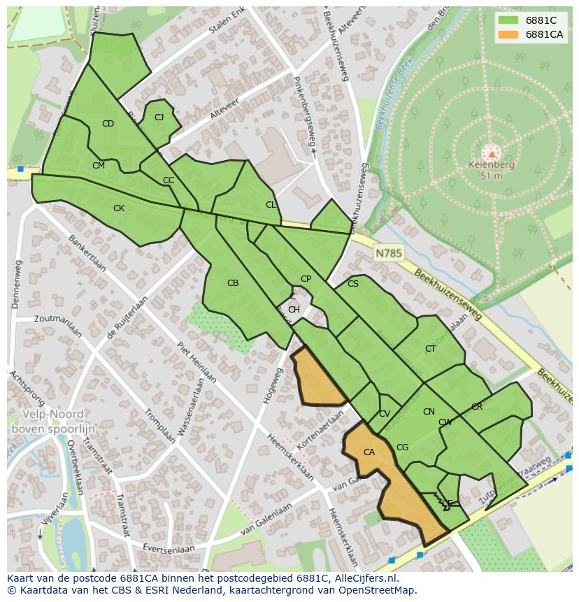 Afbeelding van het postcodegebied 6881 CA op de kaart.
