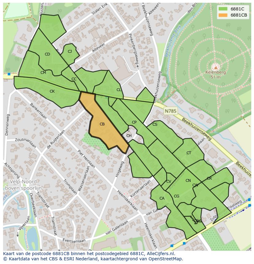 Afbeelding van het postcodegebied 6881 CB op de kaart.